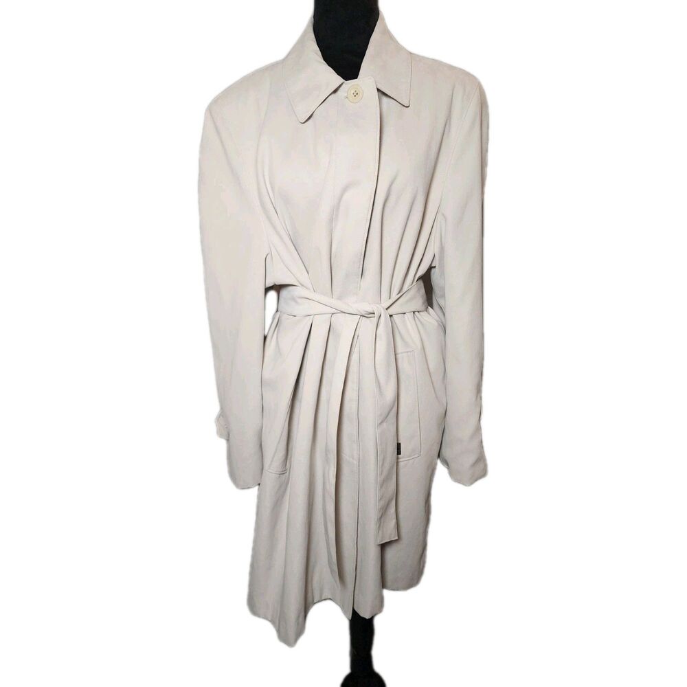 London Fog Trench Coat Women's L Ivory Belted Single Breasted Lightweight Soft